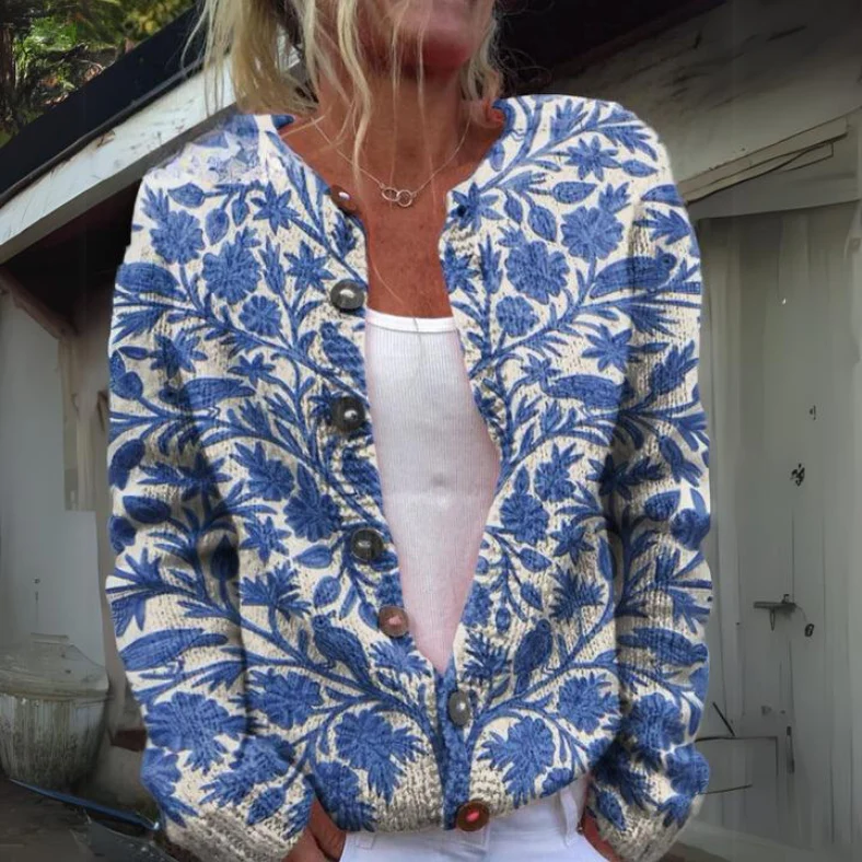Gebreide Cardigan met Knopen en Bloemenprint – Comfortabele Damestrui voor Alle Seizoenen - Image 2