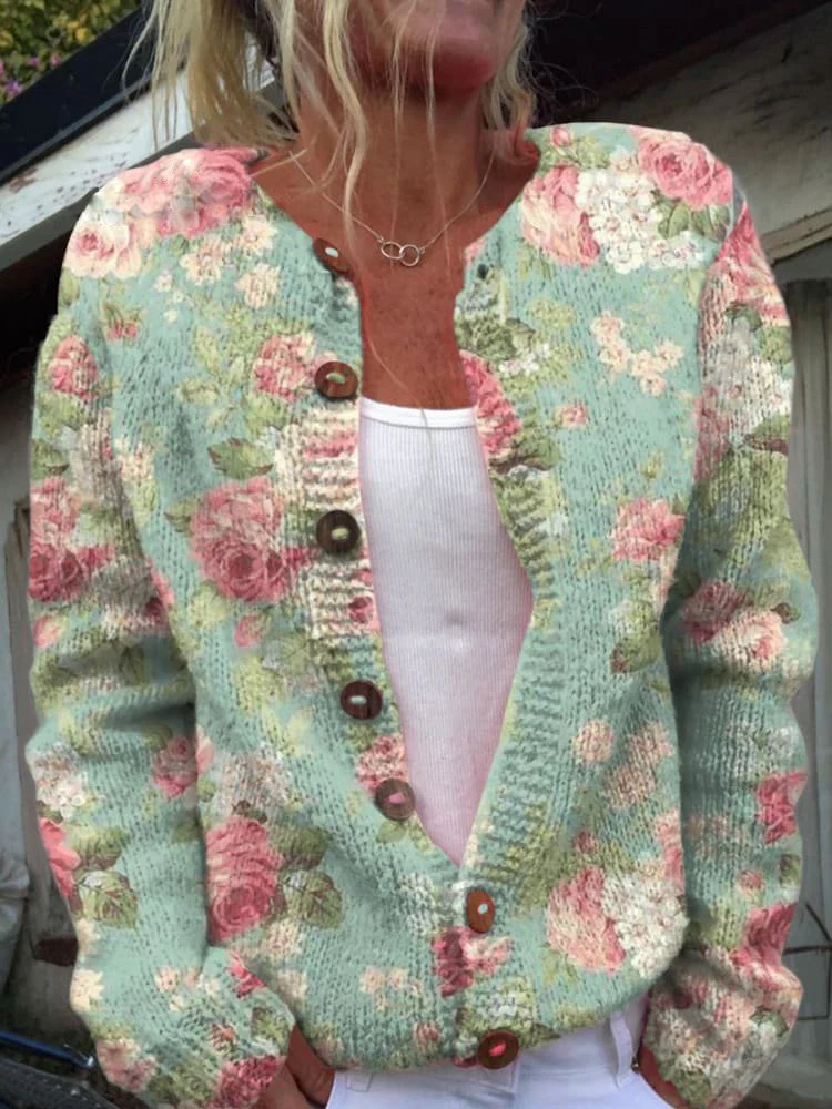 Gebreide Cardigan met Knopen en Bloemenprint – Comfortabele Damestrui voor Alle Seizoenen - Image 5