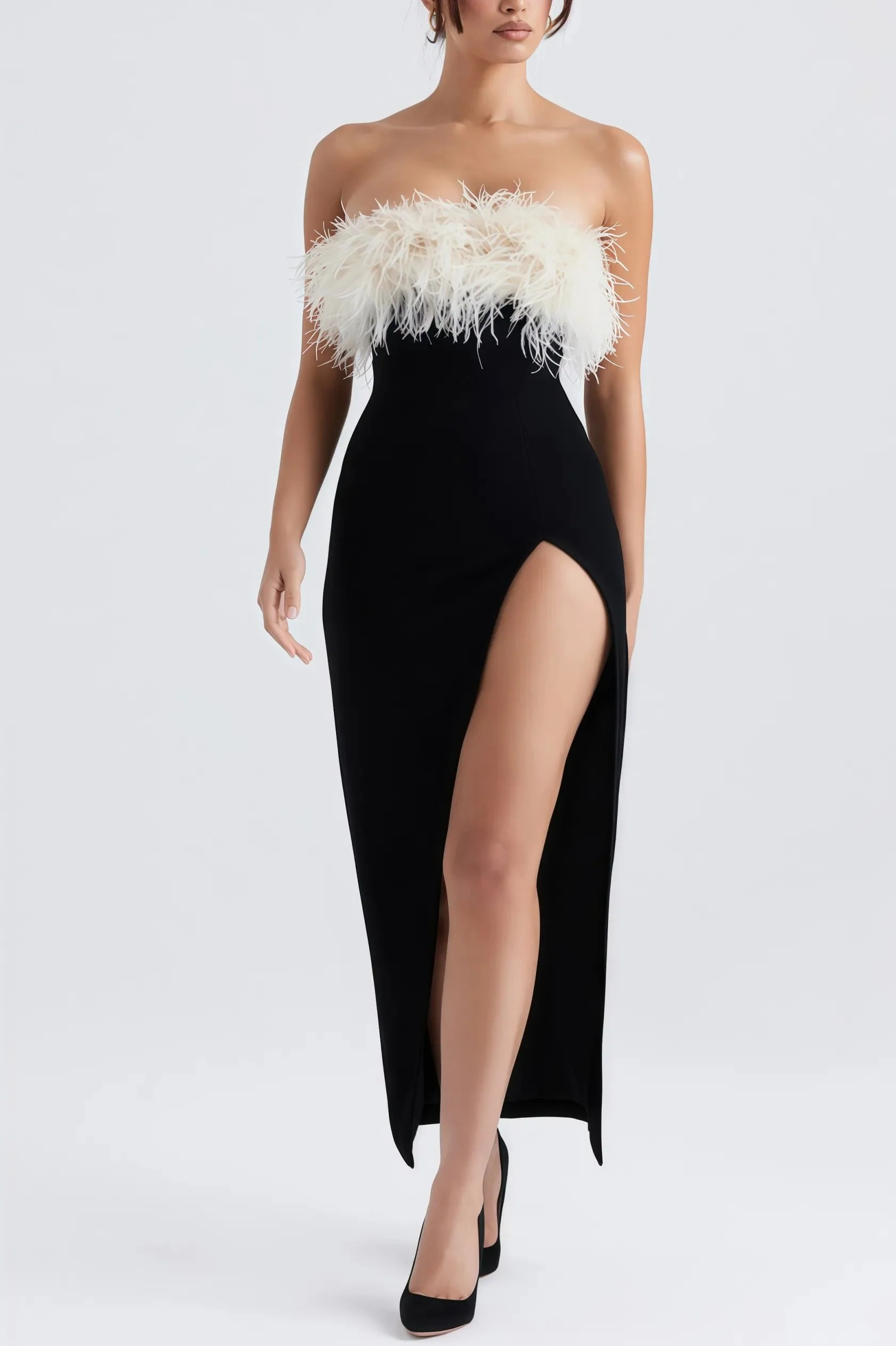 Tess - Duurzame Midi Jurk met Hoge Split en Veren Detailing - Image 3
